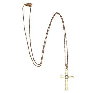 10K Yellow Gold, Diamond Chip Cross Pendant Vintage Chain Necklace 18.5" L, L542